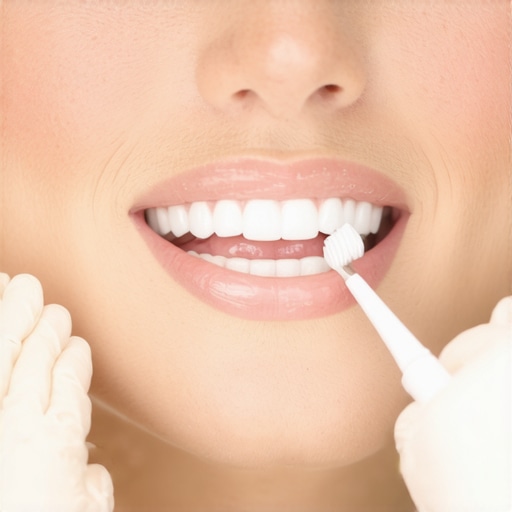 Dentist demonstrating proper teeth cleaning with soft brush and mirror.