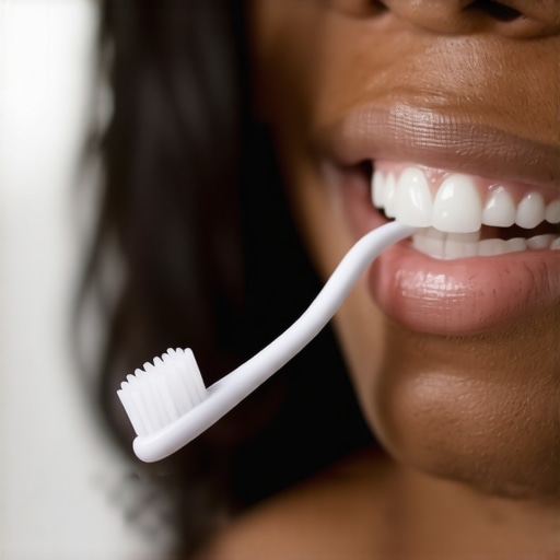 Person flossing gently along the gumline with a soft toothbrush nearby.
