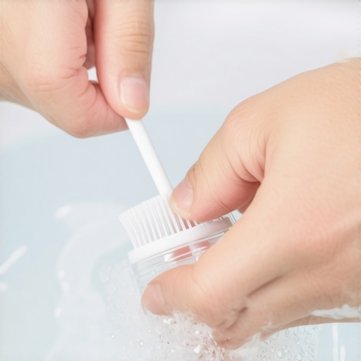 Hands gently brushing a clear retainer in cleaning solution