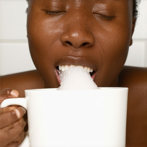 Person swishing warm saltwater in their mouth to relieve toothache