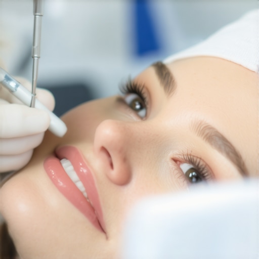 A dentist using high-tech equipment to examine a patient's teeth in a modern clinic