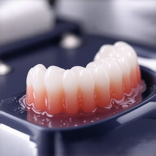 A detailed shot of an ultrasonic cleaner cleaning Invisalign trays, emphasizing cleanliness and technology