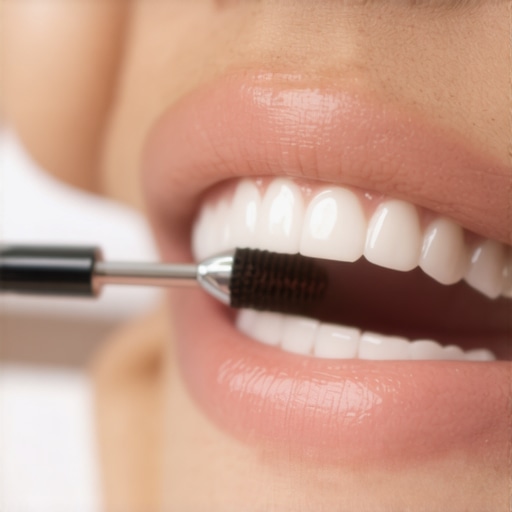 Dentist using ultrasonic device for professional teeth cleaning