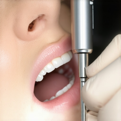Dentist using ultrasonic scaler on patient's teeth during cleaning