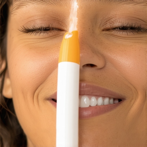 A hand holding a dental water flosser aiming at teeth for thorough cleaning.