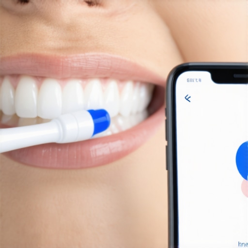 Advanced Dental Maintenance Tools in Action A person using a sonic toothbrush and interdental brushes, with a smartphone showing dental tracking app