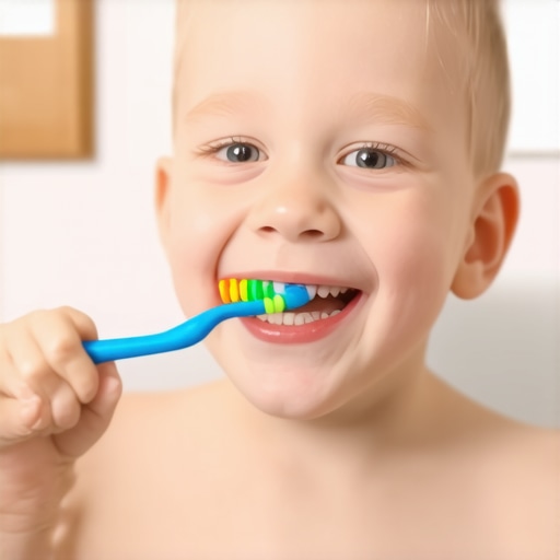 A young child brushing teeth with a bright toothbrush