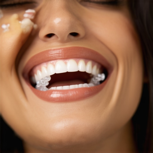 Dentist demonstrating Invisalign aligners and attachments to a patient