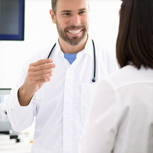 A dentist and patient discussing dental treatment options in a modern clinic