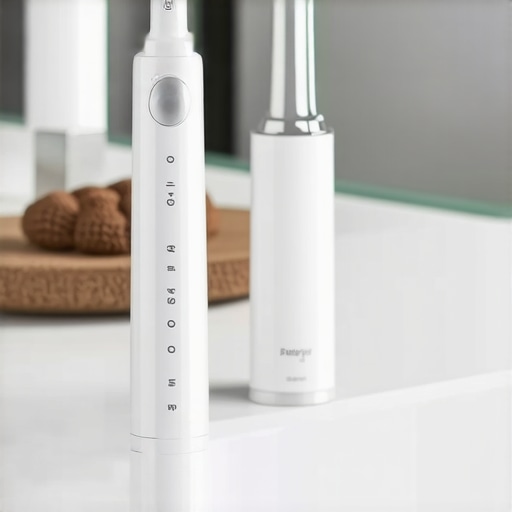 Person using electric toothbrush and water flosser to maintain oral health