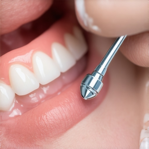 Dentist examining gum margins around a dental bridge. Dentist inspecting gums and dental bridge with dental tools.