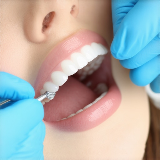 Close-up of a dentist smoothing a dental bridge during a check-up.