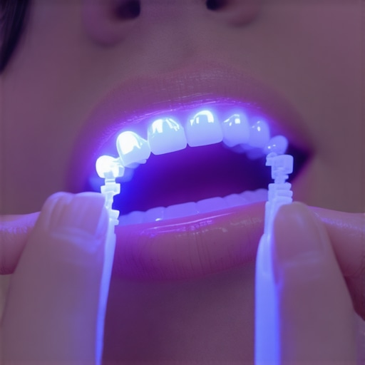 Person carefully cleaning between teeth using interdental brushes in front of LED-lit mirror.