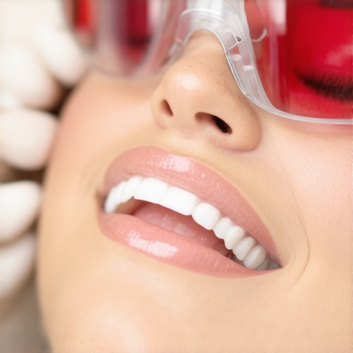 Dentist using a spectrophotometer to match teeth color for a dental crown.
