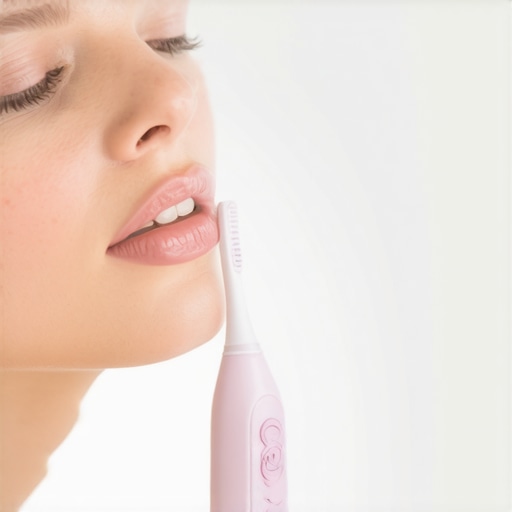 Person brushing teeth with an ultrasonic toothbrush to maintain oral health.