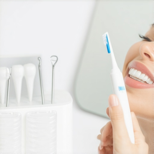 Person using a water flosser for dental cleaning at home.