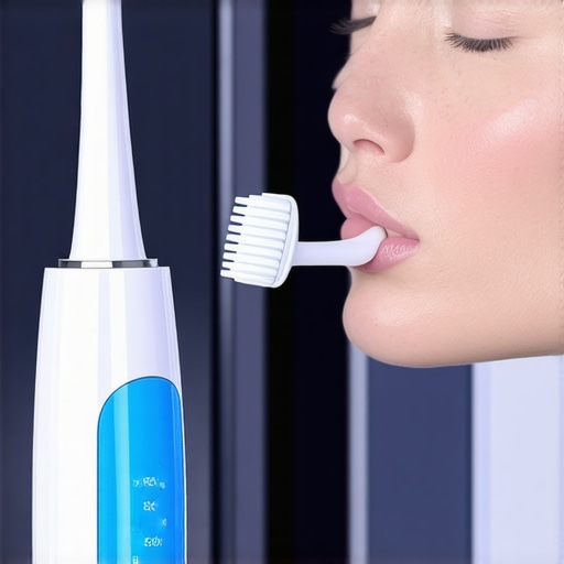 Person cleaning teeth with water flosser and electric toothbrush to maintain oral health.