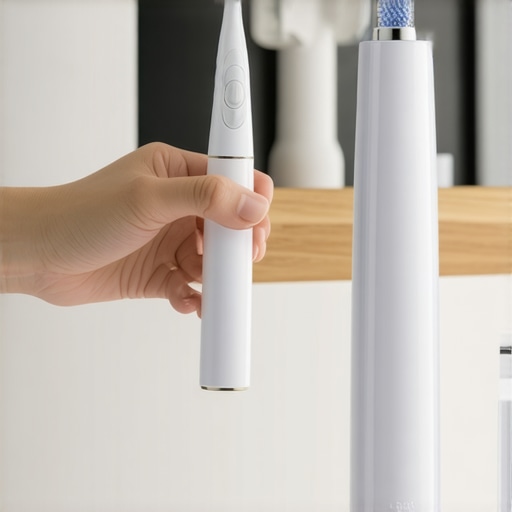 Person using a modern electric toothbrush and water flosser for dental hygiene.