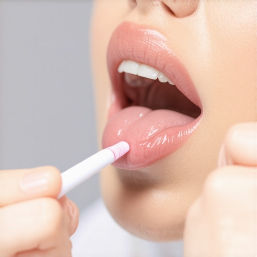 Person cleaning tongue with a tongue scraper in mirror