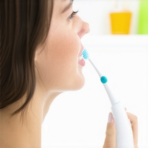 Person maintaining oral hygiene with advanced tools.