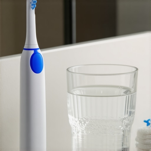 Efficient Dental Maintenance Tools Electric toothbrush and flossing tools on a bathroom counter for dental care