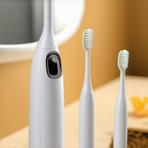 Various modern dental care devices including electric toothbrush, water flosser, mirror, and whitening kit arranged on a bathroom counter.