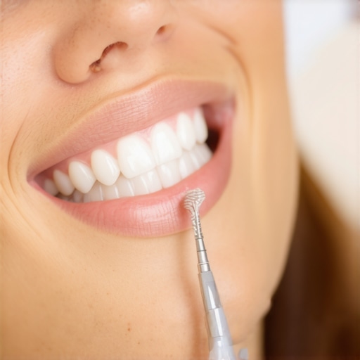 Expert Explaining Teeth Whitening A dentist showing a patient teeth whitening process with dental tools