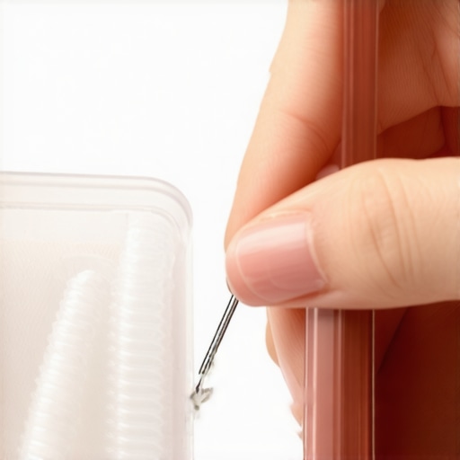 Person smoothing the edge of Invisalign tray with a nail file to prevent tongue cuts.