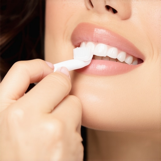 Person massaging gums with finger and soft toothbrush for healing after dental cleaning