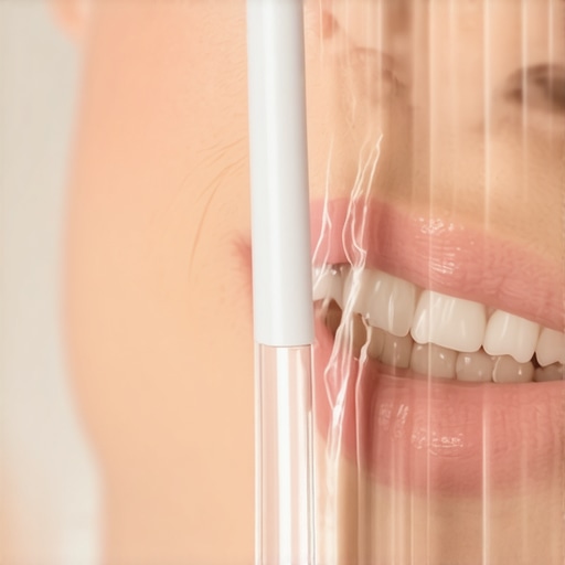 Person demonstrating proper water flosser usage on gums with gentle pressure