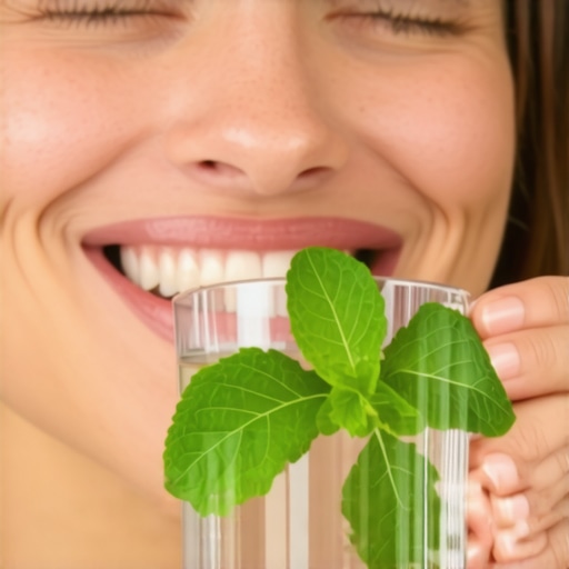 A person smiling while drinking water infused with mint, promoting hydration for oral health.
