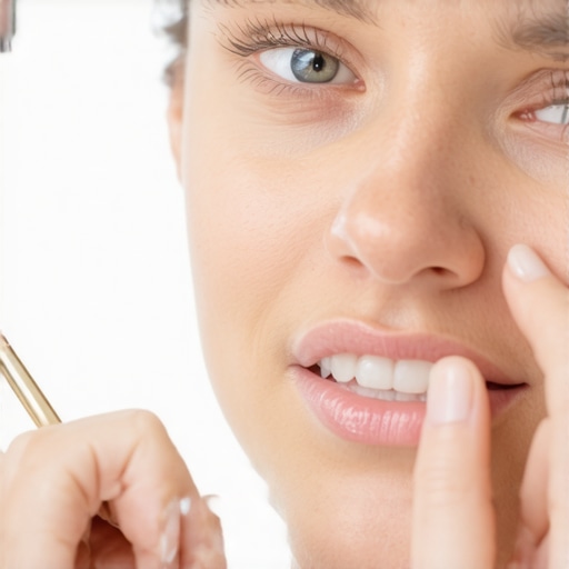 Person checking their dental crown for damage in the mirror