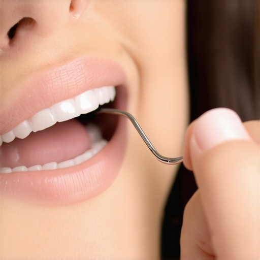 Person examining their teeth using a mirror to identify dark spots and dental issues.