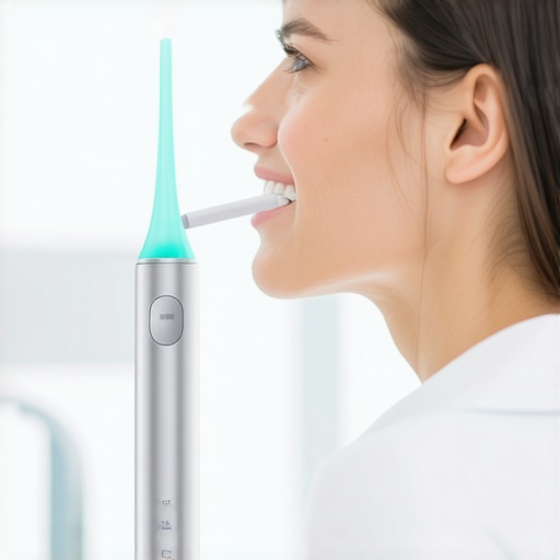 Modern Dental Care Tools in Use A person cleaning their teeth with ultrasonic scaler and water flosser for optimal oral health.