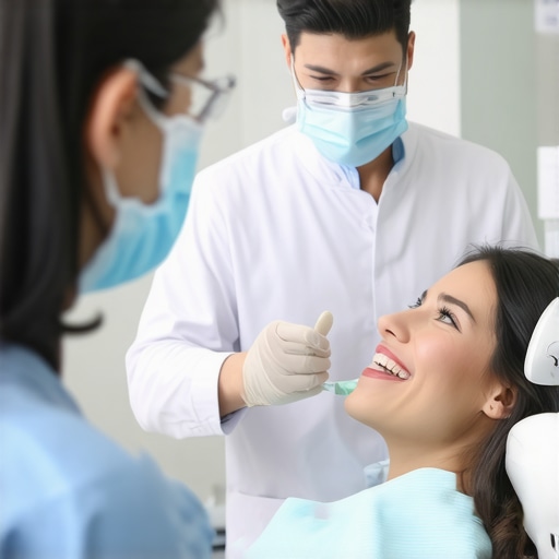 A dentist discussing smile enhancement options with a patient in a bright, modern clinic.