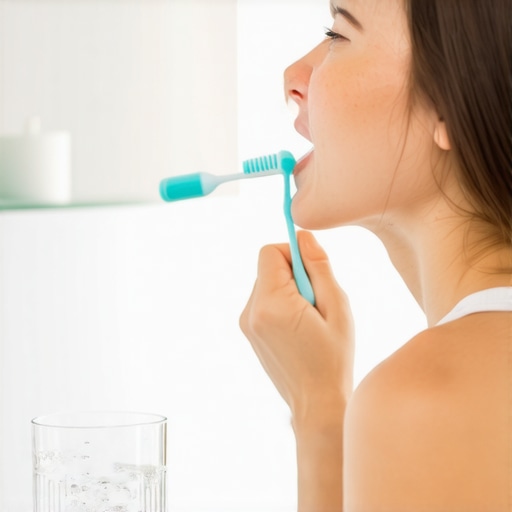 Morning Oral Hygiene Routine Person brushing teeth with a glass of water in bathroom
