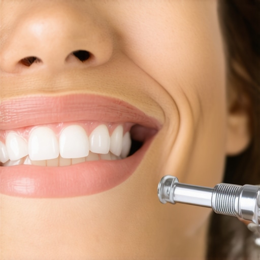 Dentist using ultrasonic scaler on patient's teeth during a cleaning.
