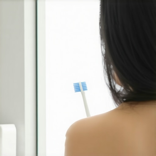 A person demonstrating correct brushing technique in front of a mirror