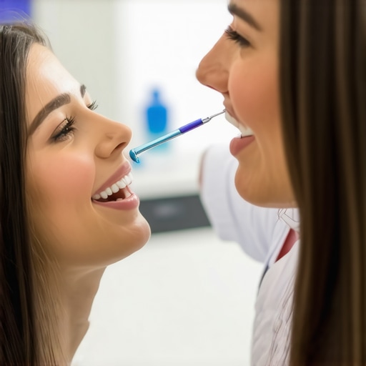 Dental professional teaching flossing to improve gum health.