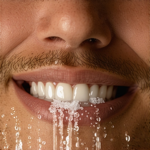 Person swishing warm salt water in mouth for gum relief