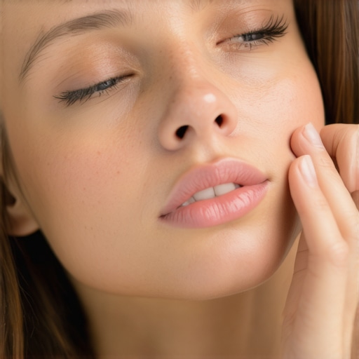 Person using nasal spray and applying warm compress to sinuses for relief