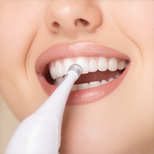 Ultrasonic Plaque Remover in Action Person using an ultrasonic dental cleaning device to maintain oral health