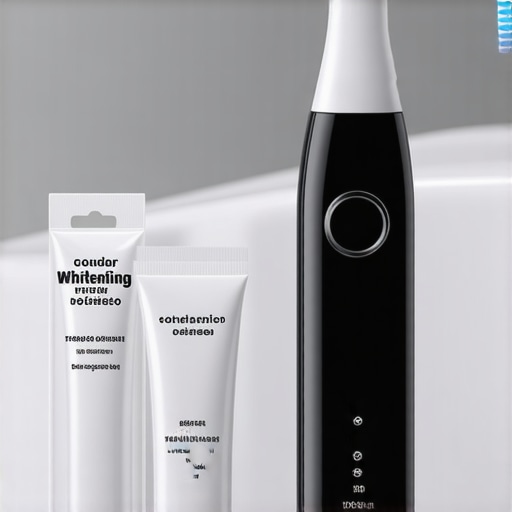 Ultrasonic Toothbrush and Whitening Gel for Maintenance Close-up of an ultrasonic toothbrush alongside whitening gel in a bathroom setting.