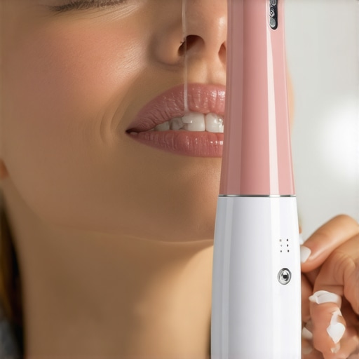 Using a modern water flosser for dental maintenance Person cleaning teeth with a high-quality water flosser at home