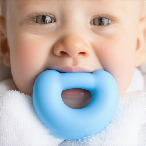 Baby Teething with Comfort Toys A baby holding a chilled silicone teething ring while being gently wiped with a cloth, showcasing comfort during teething