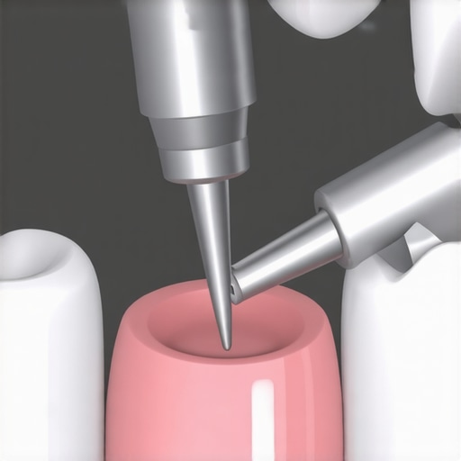 Dentist using tools to fix a loose dental implant screw.