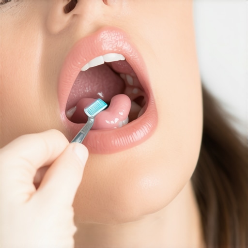Dental professional showing proper tongue cleaning method with patient