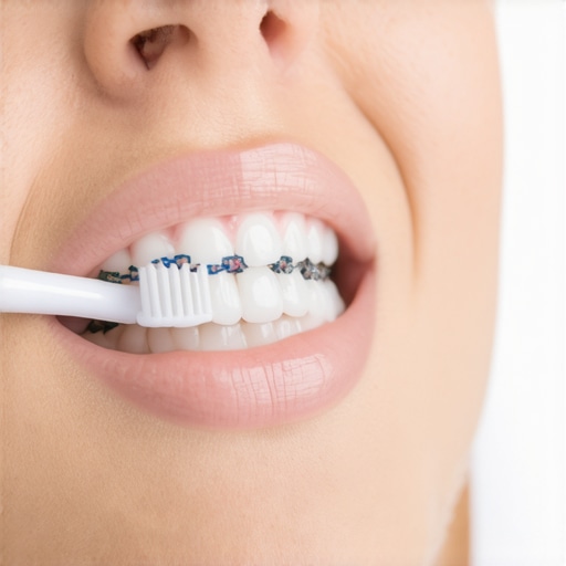 Person using a soft-bristled toothbrush to clean braces