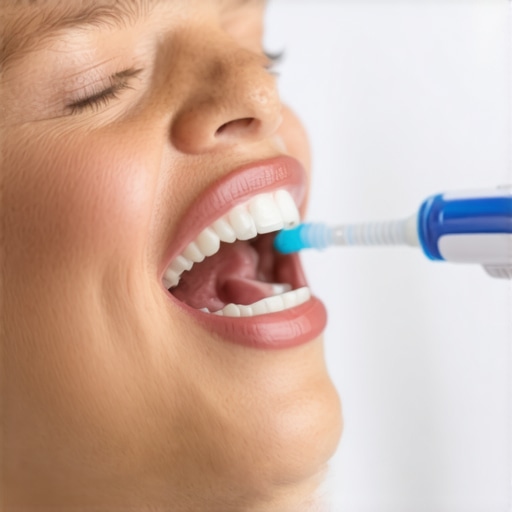Effective Dental Maintenance with a Water Flosser Person demonstrating water flosser use for oral health