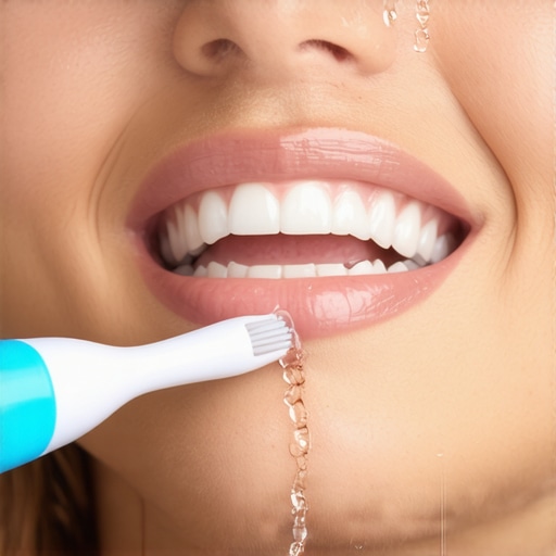 Person demonstrating use of ultrasonic toothbrush and water flosser